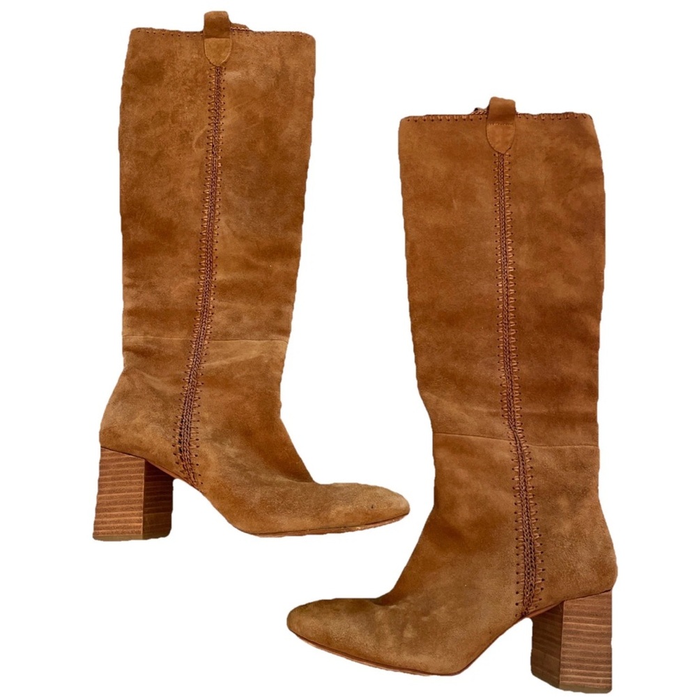 Anthropologie Silent D Skyla Boots Honey Suede Size 37/US 6.5 Block Heel Crochet